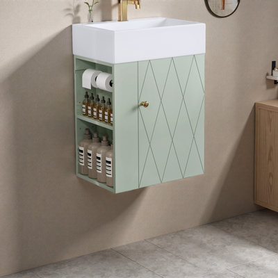 Meuble-lavabo de 20 po avec lavabo en céramique, porte à motif de losanges, poignées dorées et tablettes de rangement latérales - petit cabinet moderne avec barre à serviettes, fabrication en panneau de fibres à densité moyenne, assemblage requis
