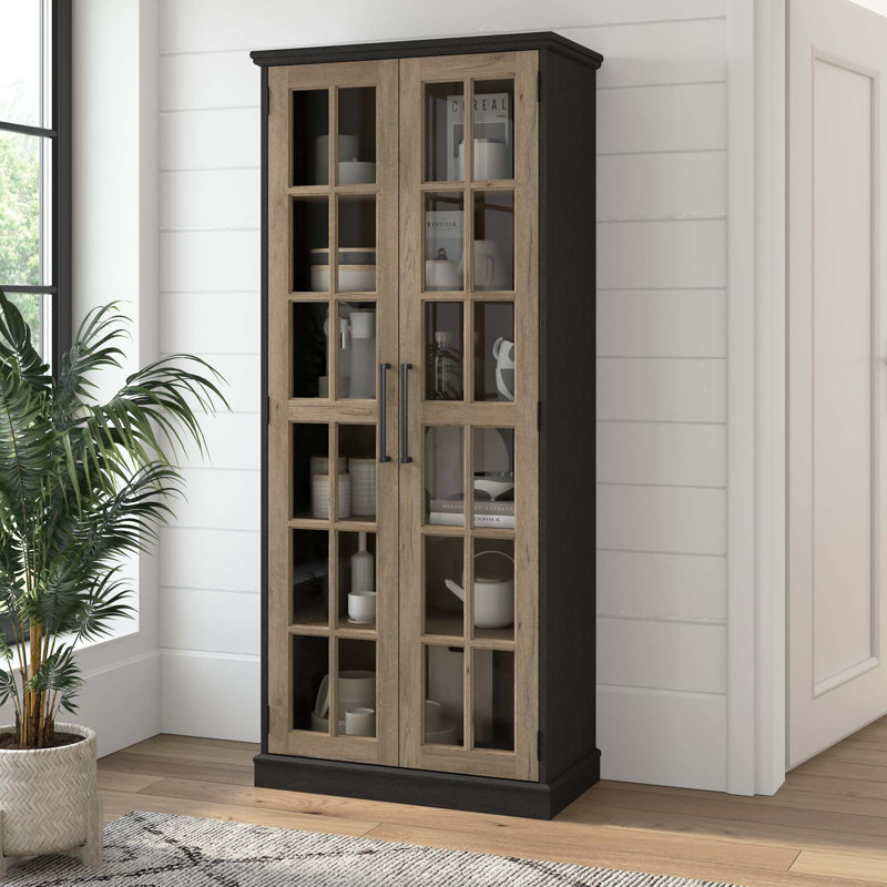 Présentoir Arkyn avec portes en verre, Hickory rétro noir / brun clair restauré
