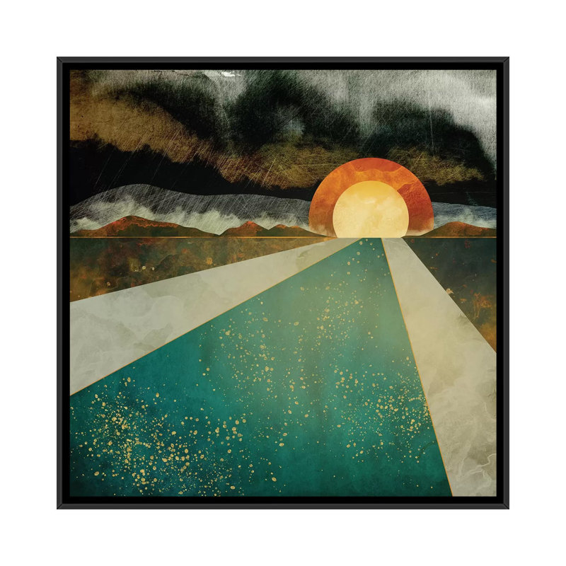 Rétro coucher de soleil - impression d'art graphique, H 18 po x l 18 po x 1,5 po, Toile avec cadre noir, Pas de tapis