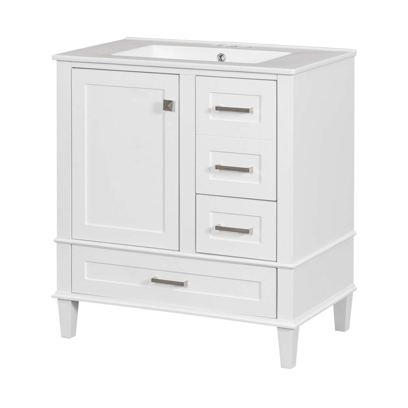 Meuble-lavabo moderne avec lavabo, 1 porte à fermeture douce et 3 tiroirs, Blanc, Nickel brossé