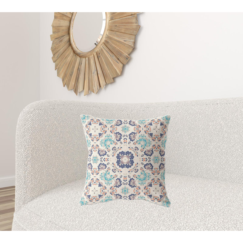 Coussin 20 po x 20 po, Blanc cassé / floral bleu
