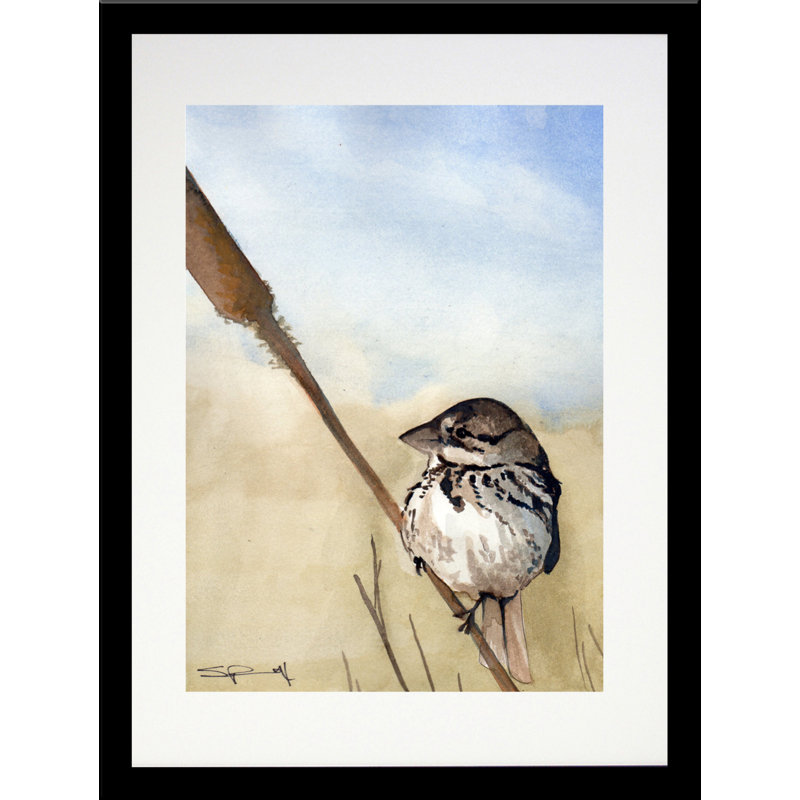 «Bird in the Reed», reproduction de peinture à l'aquarelle sur papier, H 16,5 po x l 13,5 po x P 1 po, Papier avec cadre noir
