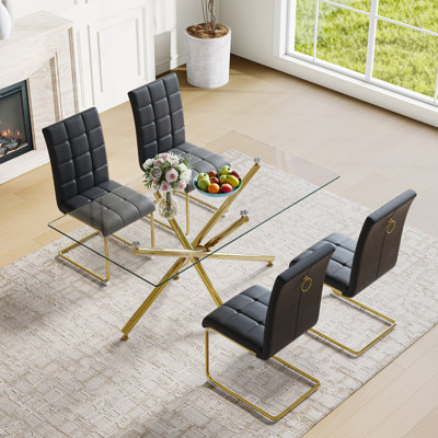 5-Piece Modern Dining Set – Rectangular Glass Table With Metal Base & 4 Faux Leather Chairs