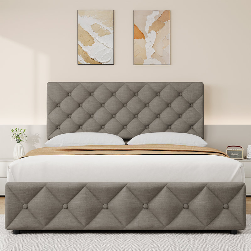 Structure de lit grand format avec 4 tiroirs de rangement et tête de lit réglable, lits plateforme en tissu d'ameublement en lin, capitonnage à boutons avec surpiqûres en losange, sans sommier tapissier, gris clair