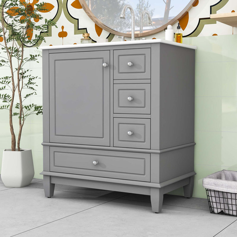 Meuble-lavabo simple contemporain en bois avec lavabo en céramique, grand rangement et porte à fermeture en douceur, Gris