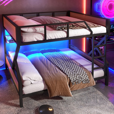 Lit superposé double au-dessus de double, lit superposé en métal avec tablettes de rangement et lumières, conception peu encombrante et silencieuse, noir