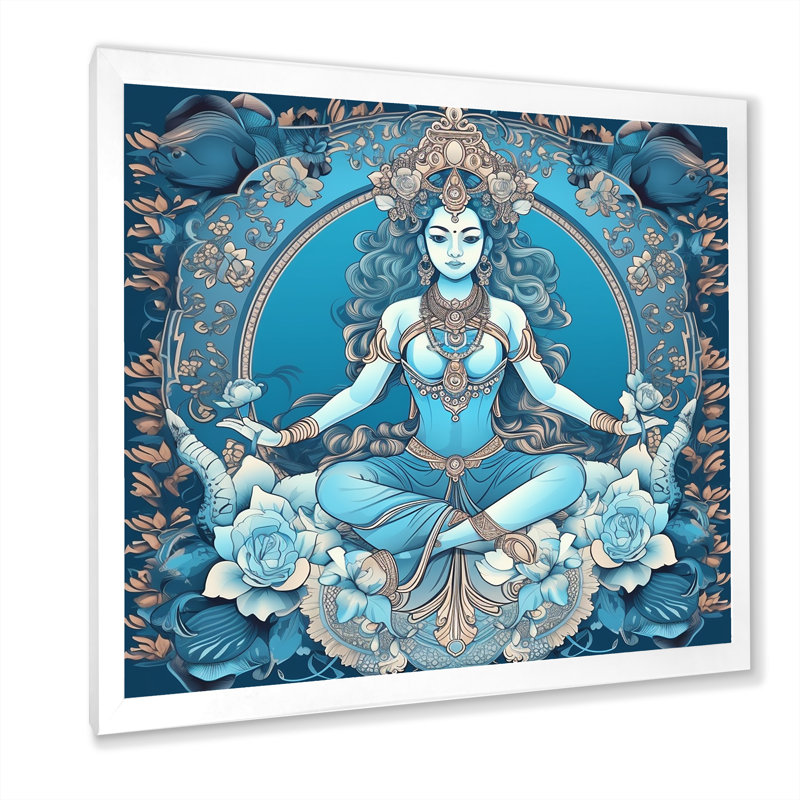 Divine Déesse Yogini en bleu sur toile, Cadre simple blanc, H 16 po x l 16 po x P 1 po
