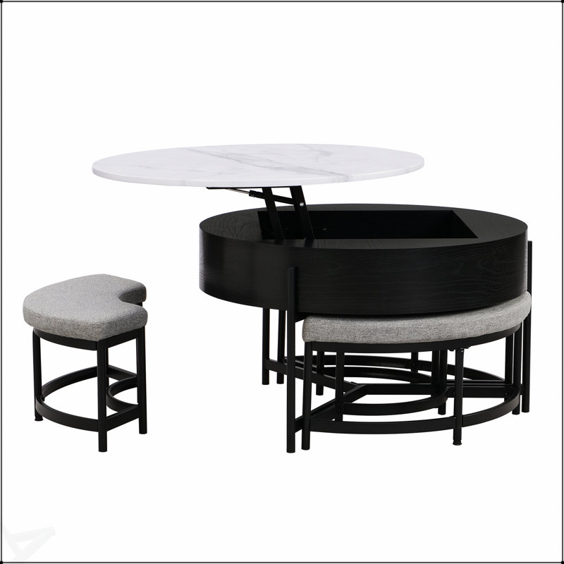 Table basse moderne à plateau relevable avec rangement et 3 repose-pieds assortis, parfaite pour les espaces de vie élégants et fonctionnels