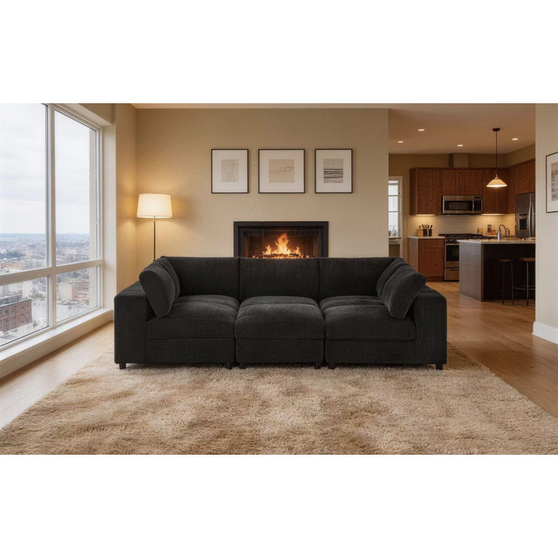Arregui 108.5" Wide Symmetrical Modular Corner Sectional with Ottoman, Black Corduroy
