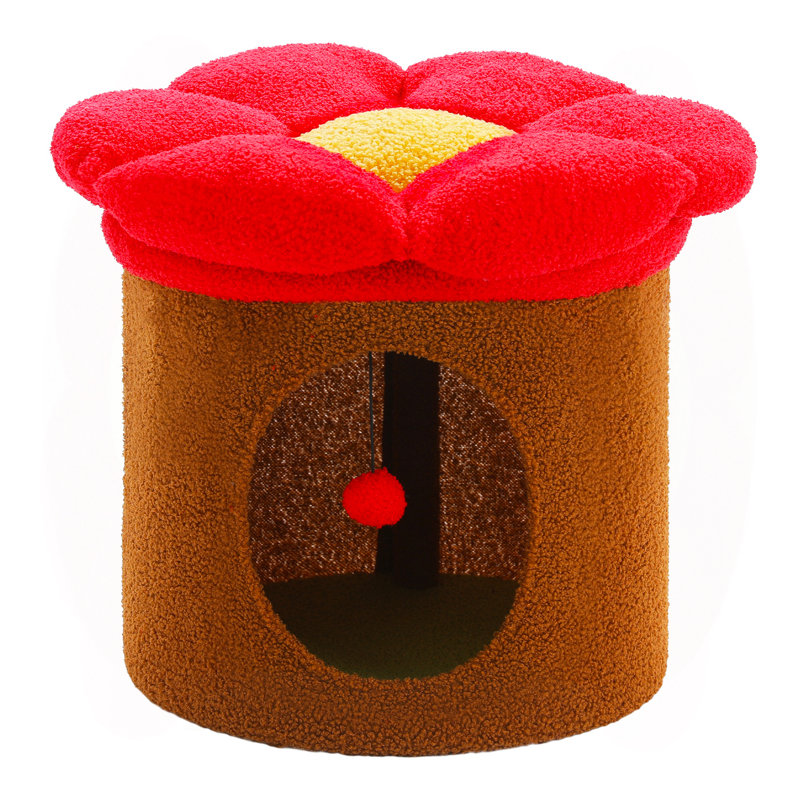 Maison pour chat avec arbre, lit troglodyte et coussin pour chat à fleurs amovible - 19,7 po x 15,7 po x 15,7 po, Brun
