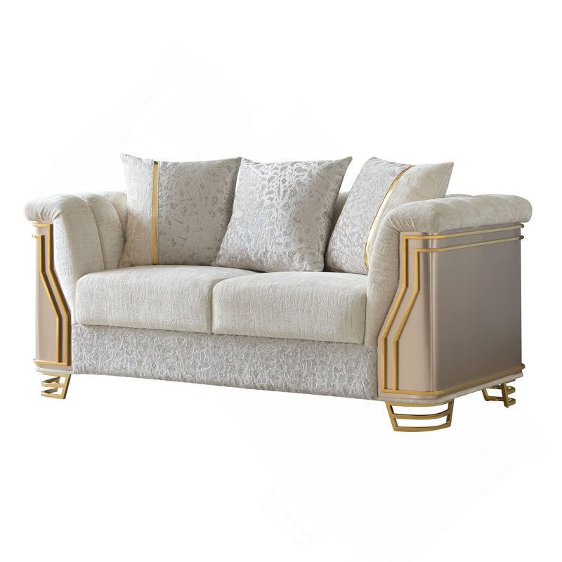 Causeuse à deux tons avec revêtement en bois avec design moderne impeccable, accents dorés en acier inoxydable et finition crème
