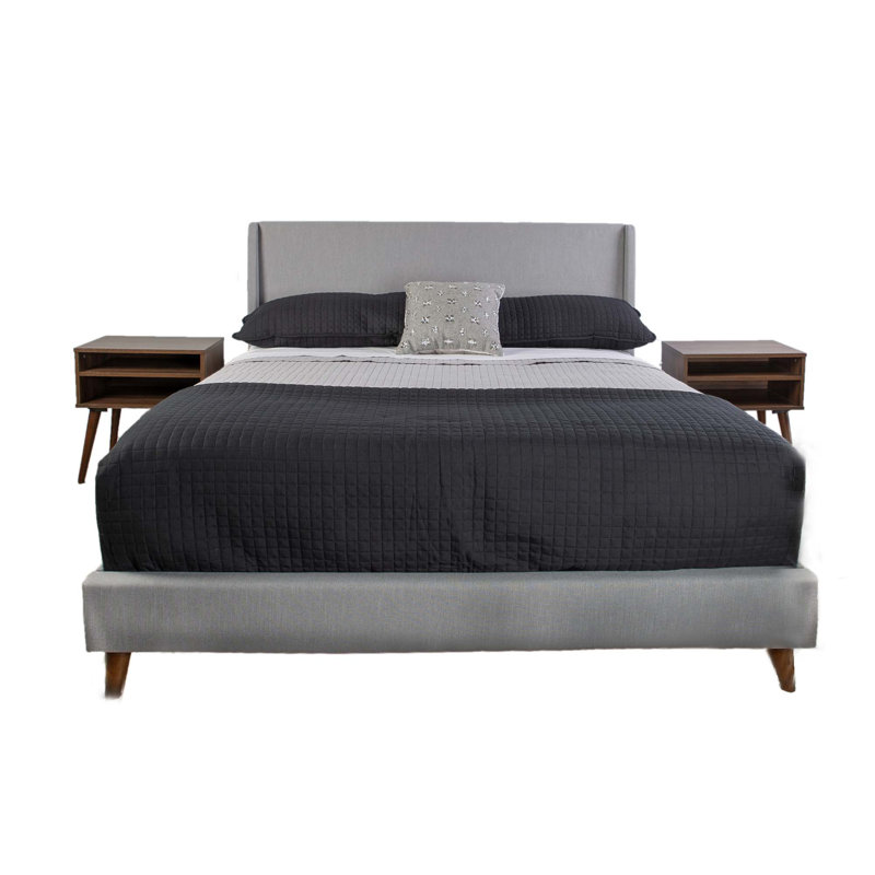 Queen Upholstered Bed With 2 Nightstands, Gray, King