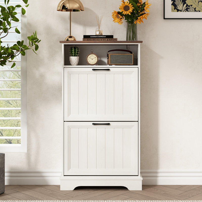 Armoire à chaussures avec 2 tiroirs rabattables, Blanc / brun