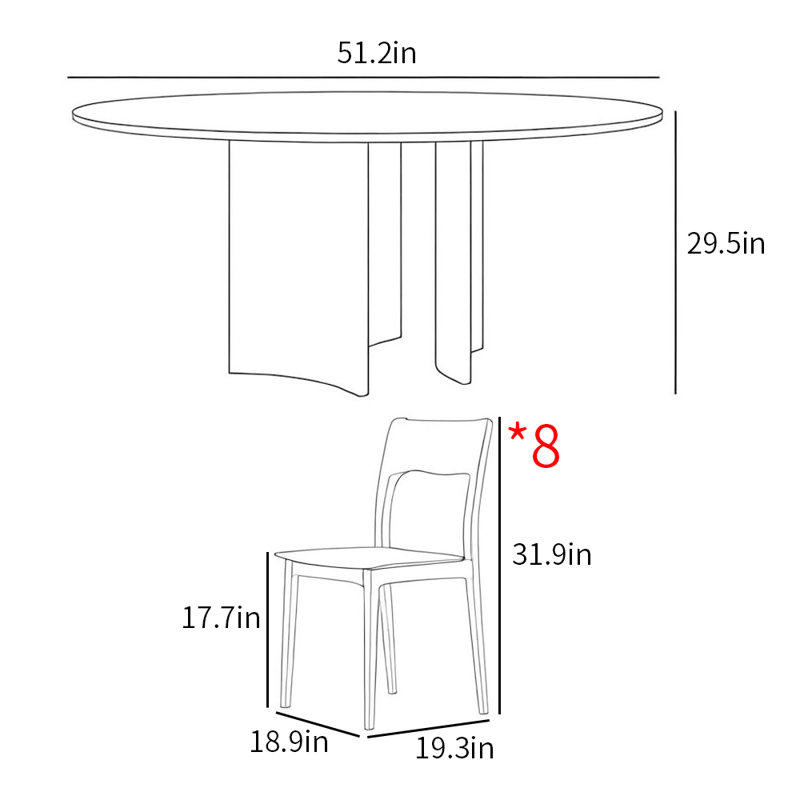 Modern simple home round dinning table sets, 29.5”H x 51.2”L x 51.2”W, 9 pieces: 1 Table, 8 Chairs