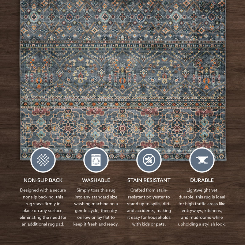 Aspers Machine Washable Teal and Ivory Area Rug, Rectangle 3' x 5'