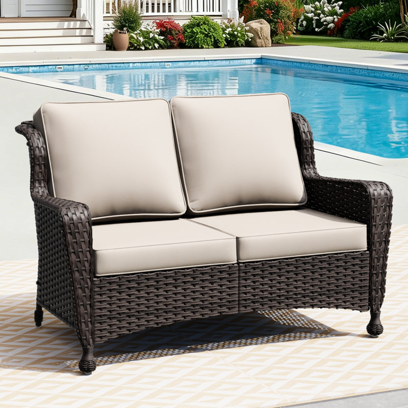 Causeuse d'extérieur en rotin avec coussins, Beige
