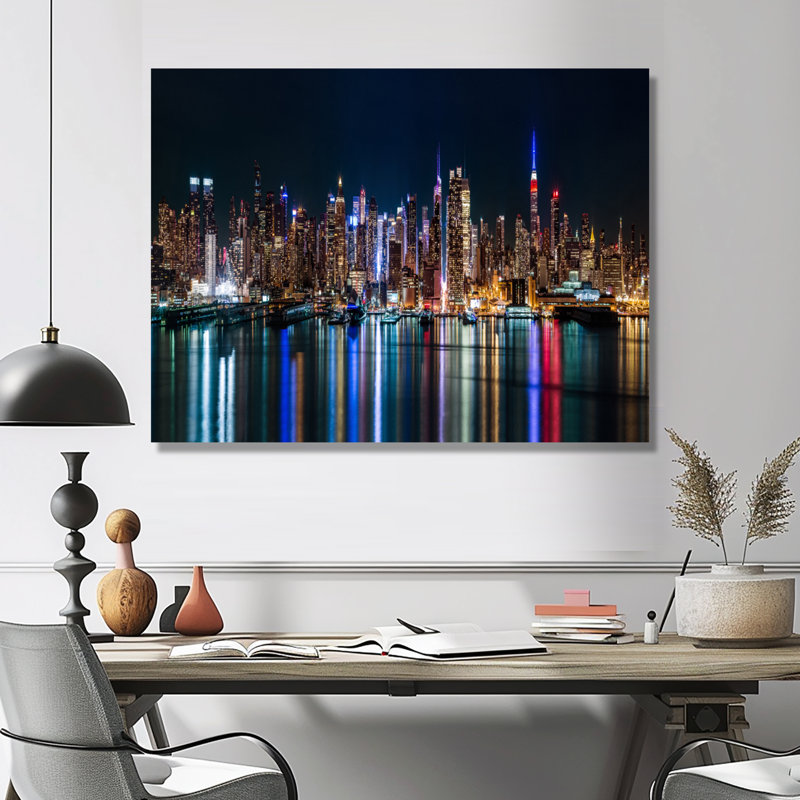 «New York Midtown Night Panorama», reproduction de photo sur toile tendue, H 16 po x l 32 po, Toile tendue, Sans cadre