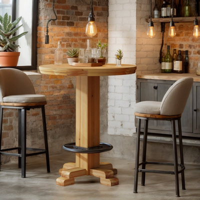 37.4" Round Bar Table with Metal Footrest, Solid Wood Bistro Pub Table for Cozy Gatherings
