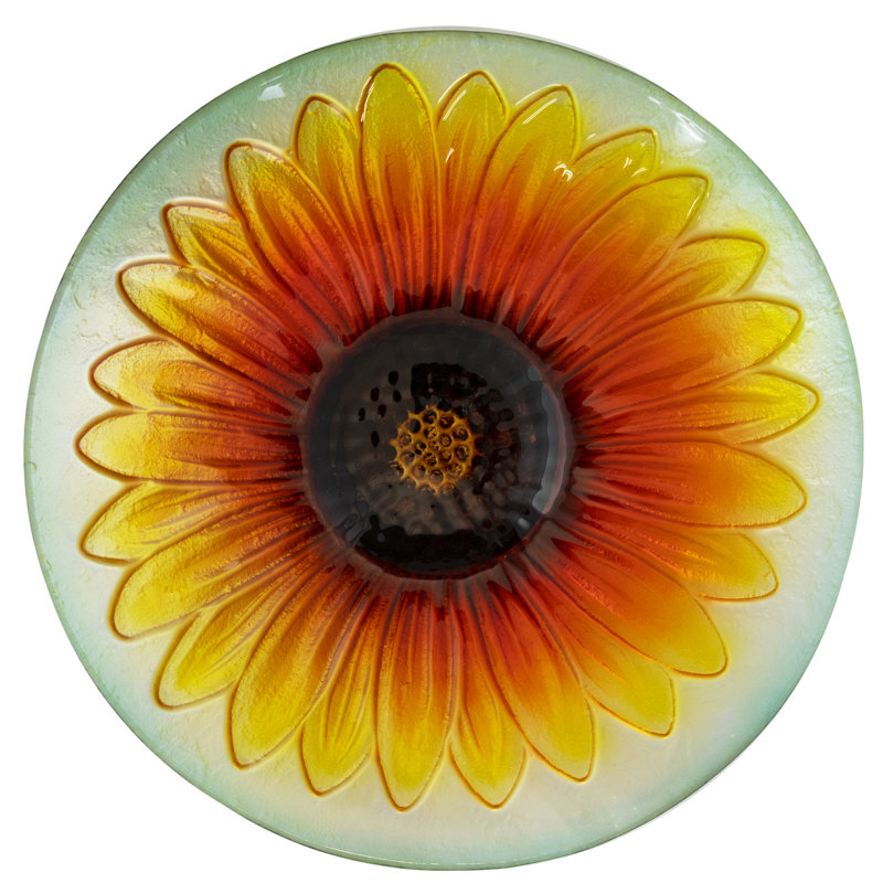 20.5" Sunflower Glass Bird Bath with Black Metal Stand