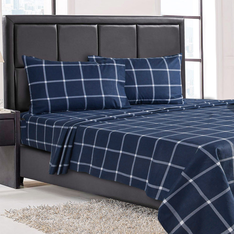 Full Gray and Red Cotton Flannel Plaid Sheet Set