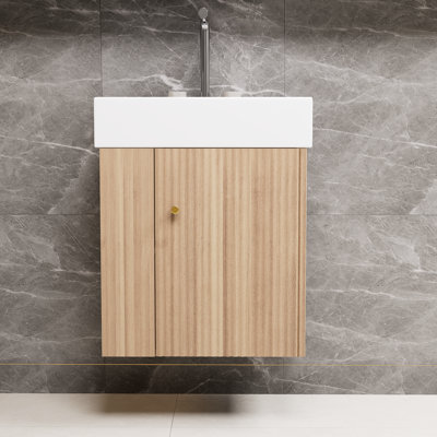Meuble-lavabo flottant moderne brun de 21,6 po avec lavabo en céramique, espace de rangement à droite, parfait pour les petites salles de bain.