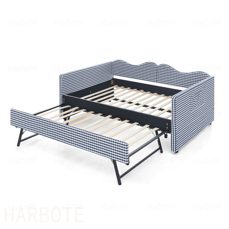 Lit de jour double, lit de jour rembourré en vichy équipé d'un cadre gigogne escamotable et d'une poche de rangement latérale, canapé-lit multifonctionnel en bois massif