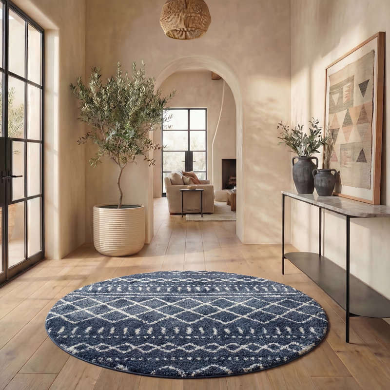 Develin Performance Chevron Rug, Round 6'7", Slate Blue/Ivory