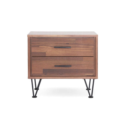 2 Drawers Nightstand with Metal Legs, Walnut