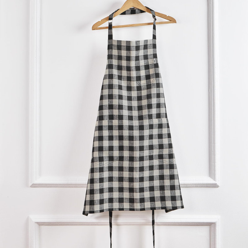 Linen Bib Apron - 100% Pure Linen Apron, Black/Cream