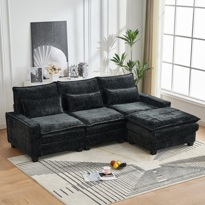 Canapé modulaire 99 po en forme de nuage profond, canapé modulaire confortable en forme de L en chenille pour salon, canapé rembourré à 4 places avec repose-pieds mobile, noir