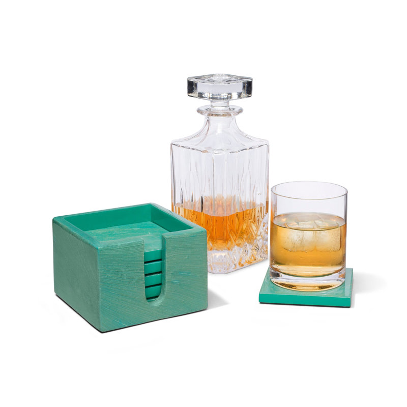 Coaster Set With Holder, Green/Blue