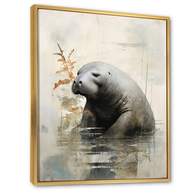 «Dions Asian Art Manatee Sumi», reproduction sur toile, H 44 po x l 34 po x P 1,5 po, Cadre flottant doré
