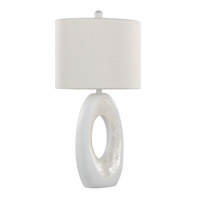 Lampe de table contemporaine en polyrésine 29 po, blanc mat avec coquillage naturel et abat-jour en lin blanc, ensemble de 2