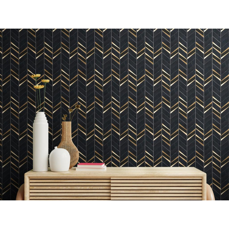 Vena 2" x 5" Marble Chevron Mosaic Wall Tile, Black/Gold