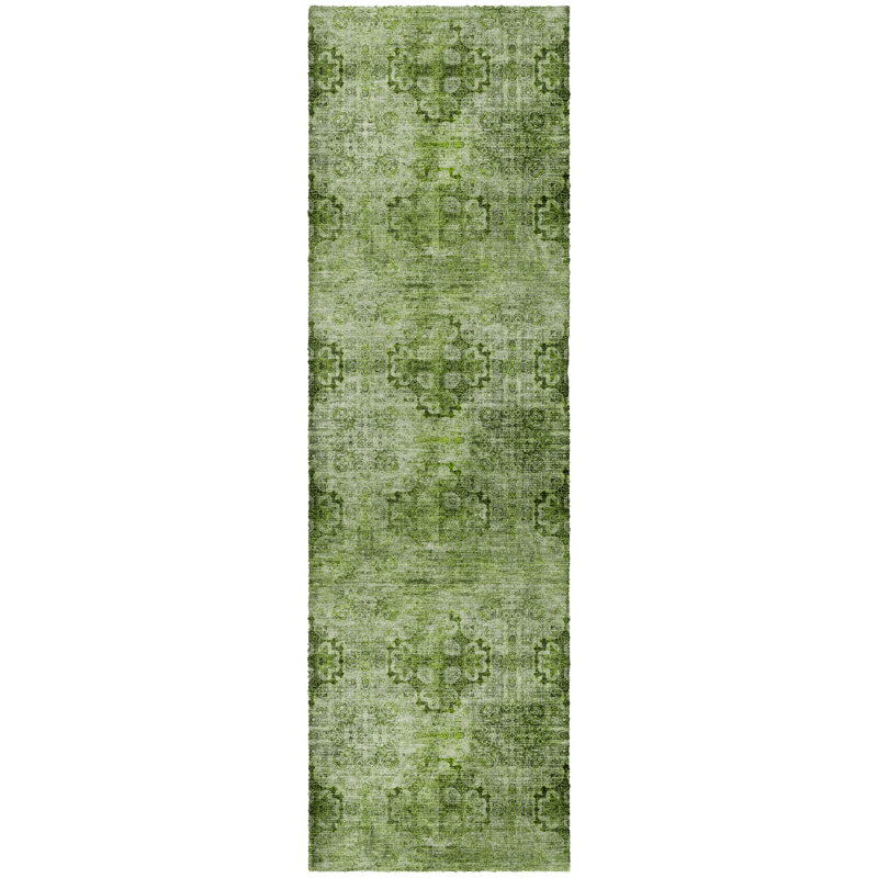 Premium Machine Washable Dream Shag ADS557 Medallions Rug, 2'3" x 7'6" Runner, Olive