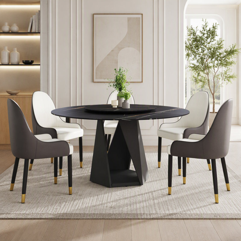 Table de salle à manger ronde en pierre frittée de 150 cm (59,05 pouces) avec piètement en fer noir et plateau tournant de 80 cm (31,5 pouces) pour 6 à 8 personnes.