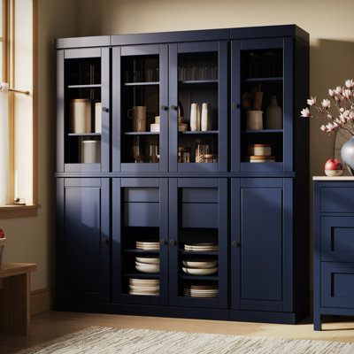 Doerschuk 100% Solid Wood Tall Kitchen Pantry Cabinet with Glass Doors & 2 Drawers, Adjustable Shelves, Modular Kitchen Display Storage Cabinet, 65" W x 71.5" H