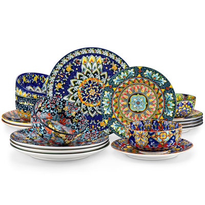 18 Pieces Dinnerware Set for 6 - Microwave and Dishwasher Safe, Scratch Resistant Bohemian Style Porcelain Dishes