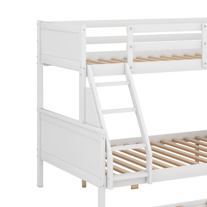 Lit simple superposé au dessus d'un lit double avec lit gigogne et bureau, trois tiroirs de rangement et une tablette, Blanc