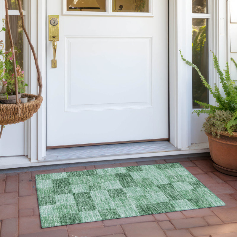 Green Rectangular Synthetic Washable Checkerboard Rug 1'8" x 2'6"