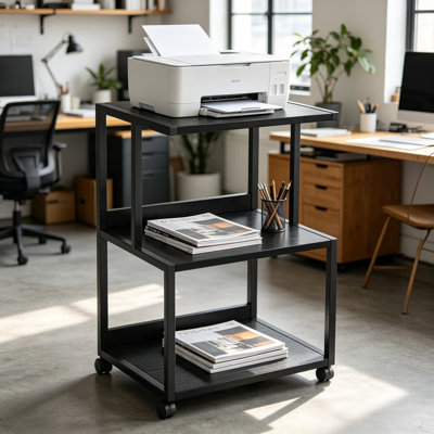 Petit support pour imprimante à 3 niveaux avec roulettes, chariot pour imprimante à roulettes industriel pour bureau à domicile avec fax, fabrication en acier robuste et en panneau de particules, tablette de rangement, 17,5 po x 11,8 po, noir