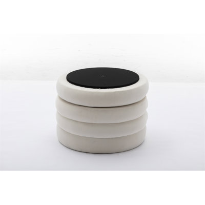 Velvet Fabric Storage Round Ottoman Footstool With Wooden Shelving