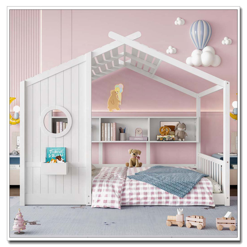 Lit de rangement avec tablette de rangement, Blanc, Lit double