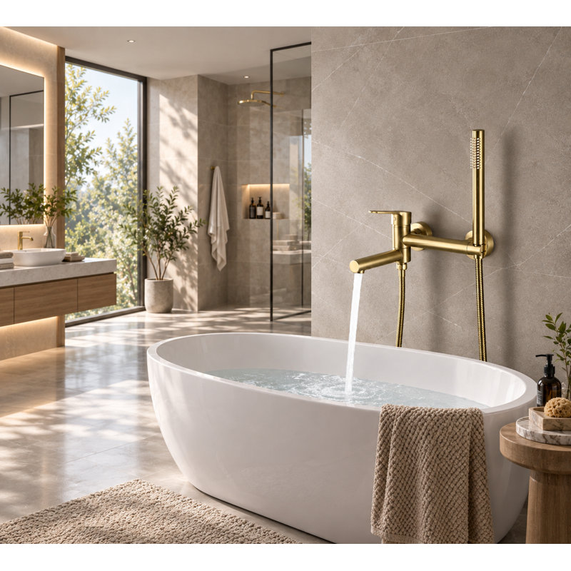 Wall Mount Tub Faucet with Handheld Shower, 90° Rotatable Spout Bathtub Tap, Brushed Gold