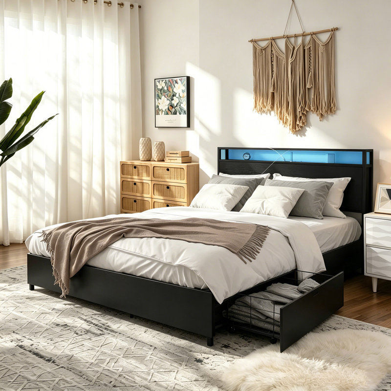 King Size Farmhouse Wooden Bed Frame, LED Lit Headboard Platform Bed with Rolling Storage Drawers for Bedroom, King, Black