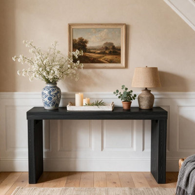 58'' Narrow Black Modern Wooden Long Sofa Console Table For Living Room