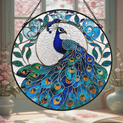 Vitrail Paon_2 Panneaux de vitrail Attrape-soleil pour décoration de fenêtre