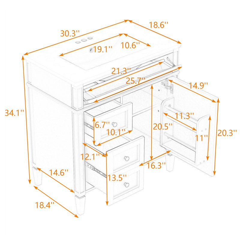 Contemporary Freestanding Single Bathroom Vanity Cabinet with Ceramic Sink and Ample Storage, Gray