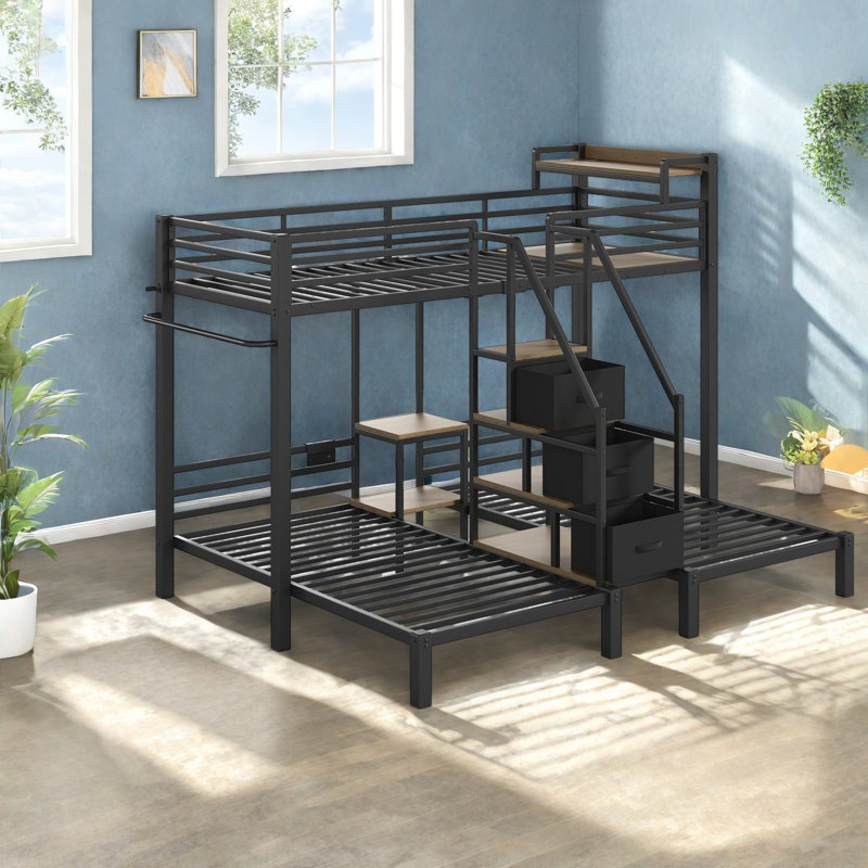 Lits gainés d'espace avec rangement, lits jumeaux superposés en métal, pour maison familiale moderne, Noir