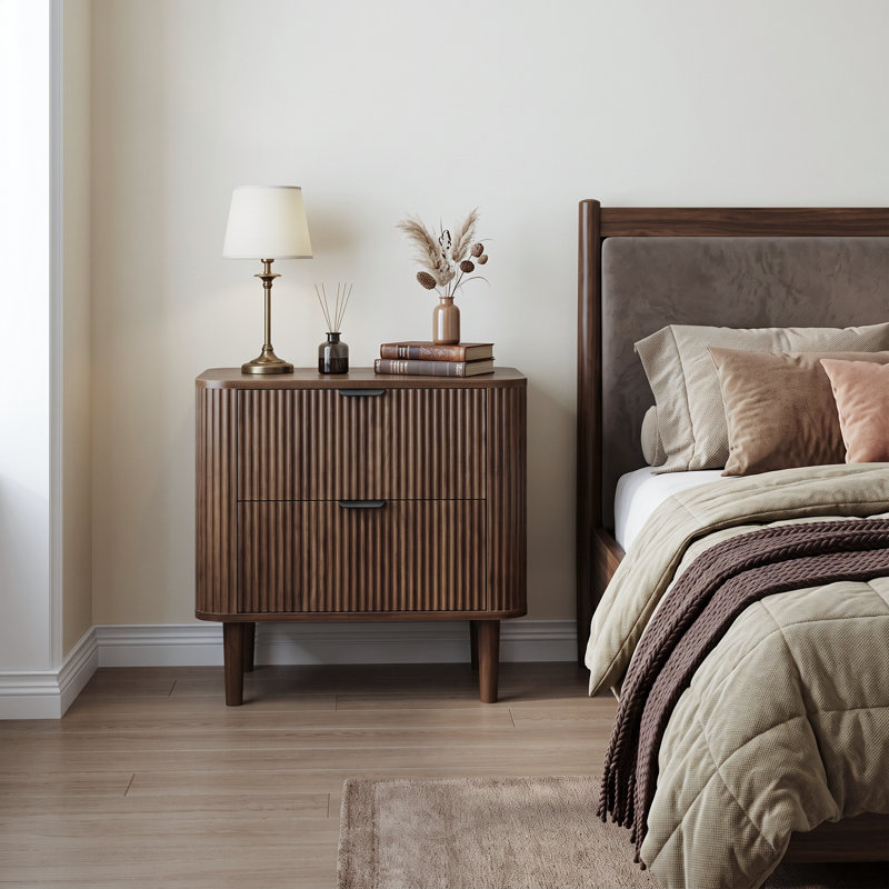 57cm Wide Bedside Table Wood Nightstand 2-drawers, Walnut
